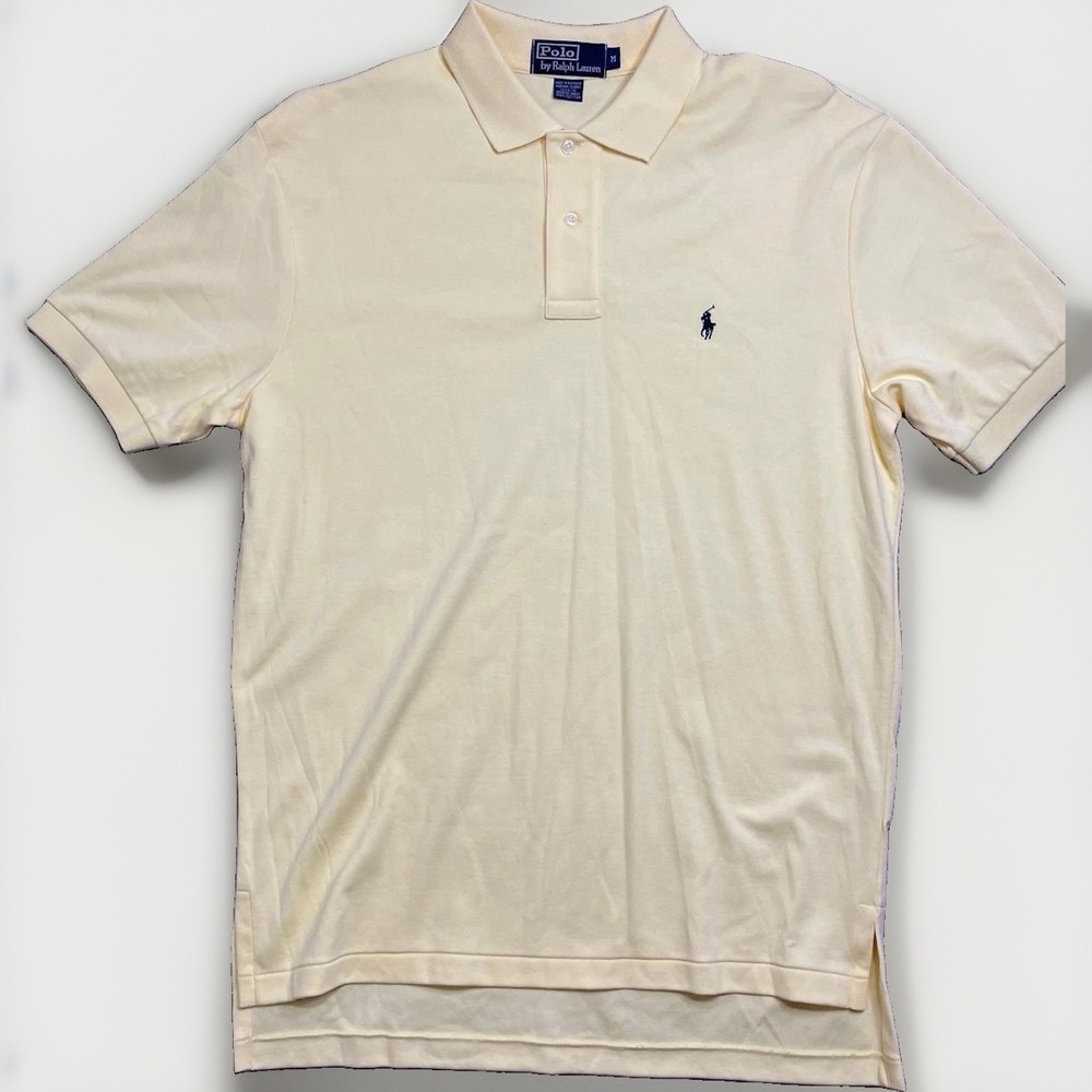 POLO Ralph Lauren Short Sleeve Shirt Men's M Yellow 100% Cotton Navy PONY